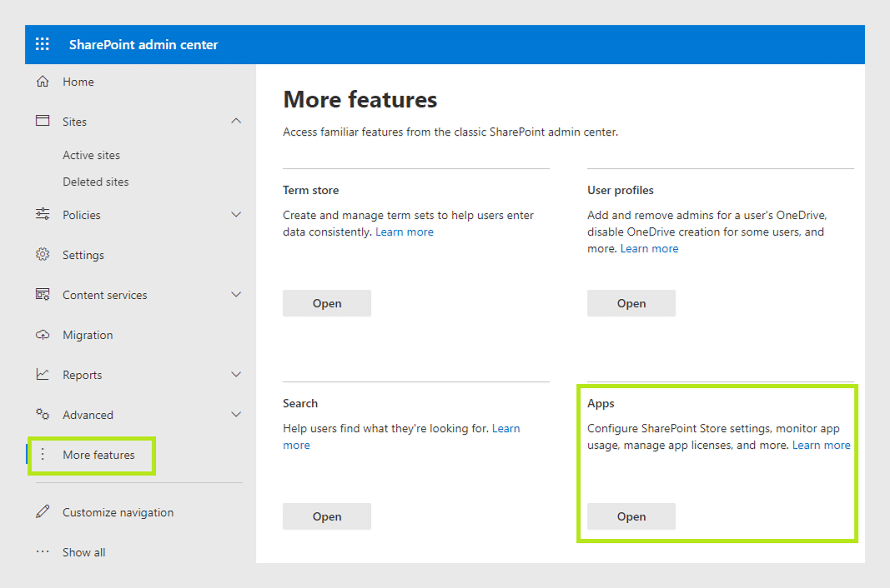 SharePoint admin center More features menu with Term store, User profiles, Search, and Apps options