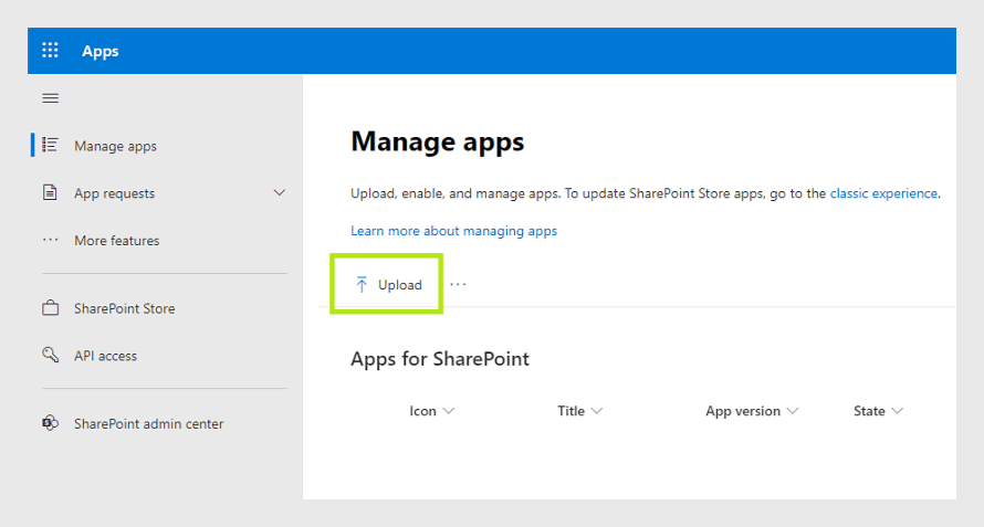 SharePoint Apps management page with Upload button and apps table interface