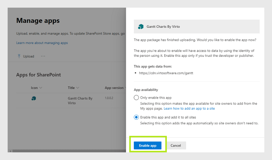 SharePoint app management dialog enabling Gantt Charts By Virto with availability options