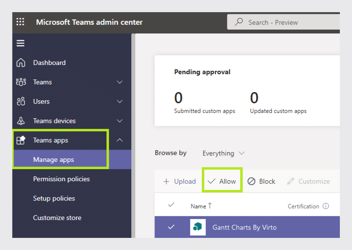 Microsoft Teams admin center showing Teams apps management with pending approvals and app listings.