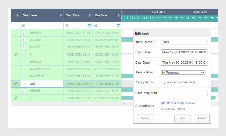 Gantt chart interface with task list and edit dialog box showing task details and date fields.