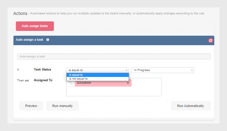 Kanban board automated action configuration showing task status condition and assignment settings