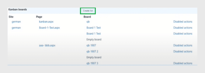Kanban boards configuration table showing sites, pages, board names and disabled actions