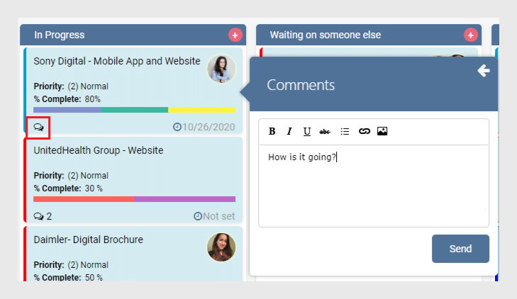 Kanban board showing project tasks with progress bars, priorities, and a comments panel with text input field.