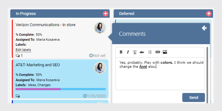 Kanban board showing In Progress and Deferred task columns with comments panel open