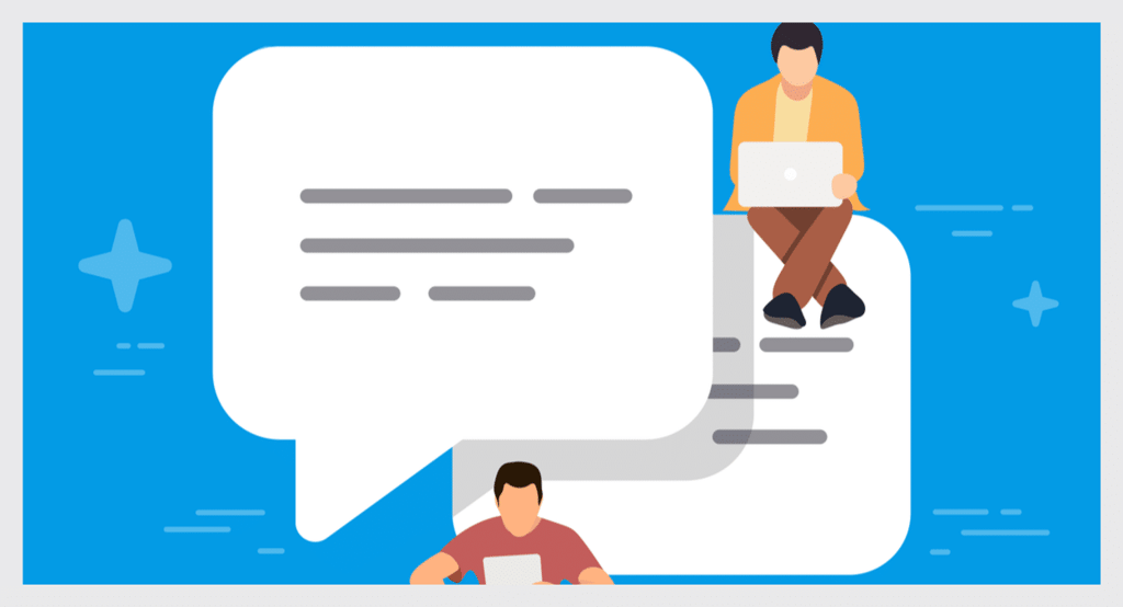 Two people collaborating with devices inside a large speech bubble on blue background