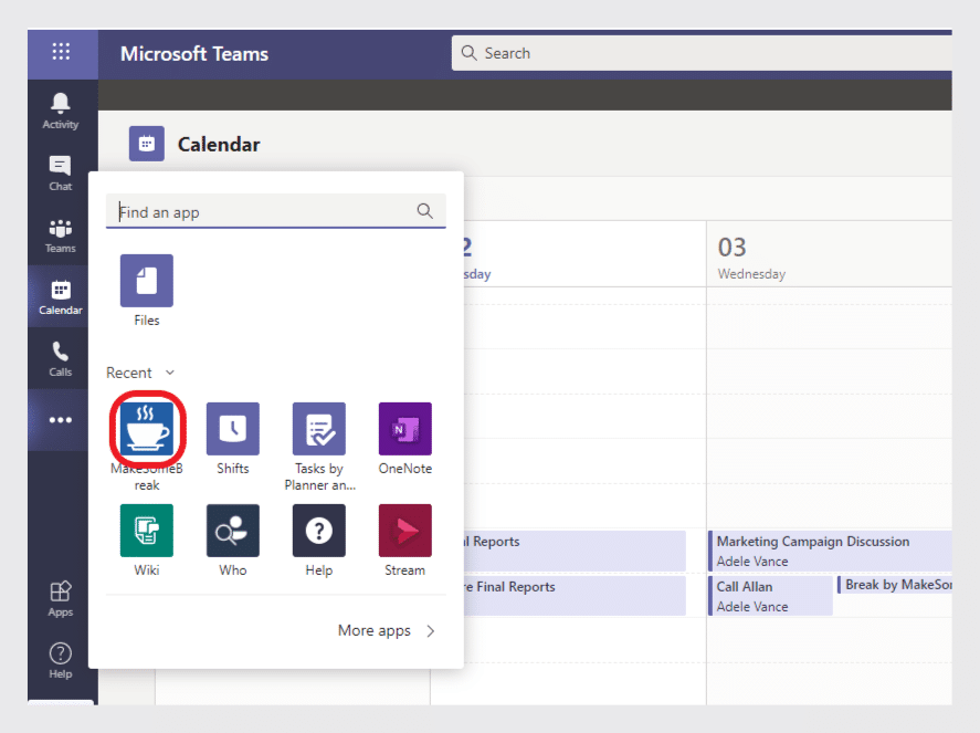 Microsoft Teams Calendar view showing recent apps and upcoming meetings scheduled for February 2-3.