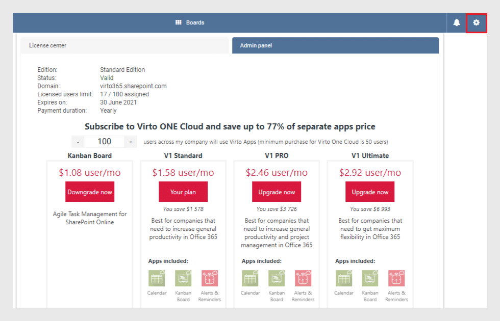 Virto Cloud subscription pricing plans comparing Kanban Board, V1 Standard, V1 PRO, and V1 Ultimate editions.