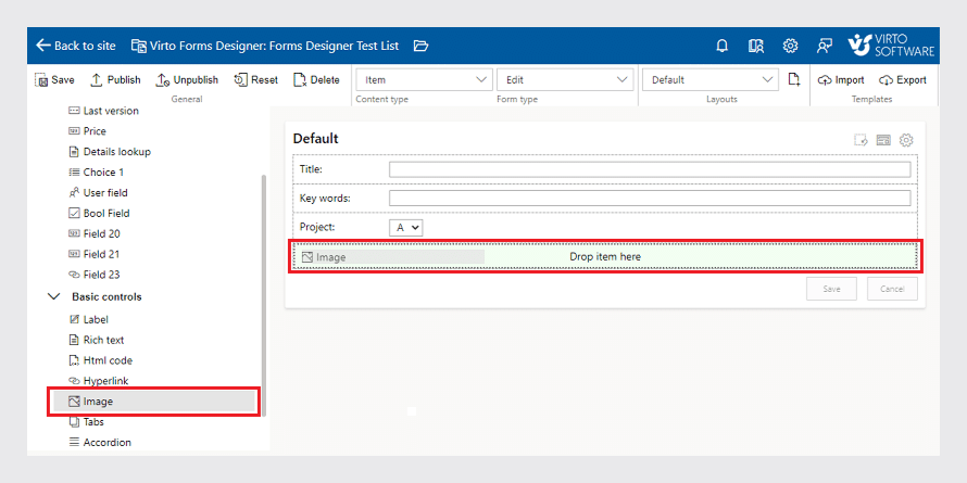 Virto Forms Designer interface showing Image control configuration with drop item area highlighted in red.