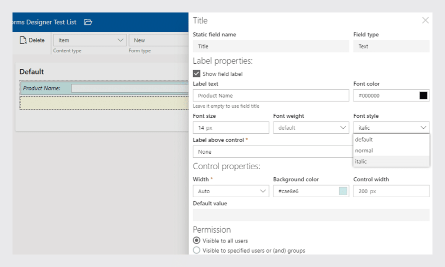 SharePoint Forms Designer interface showing Title field configuration with label and control properties settings.