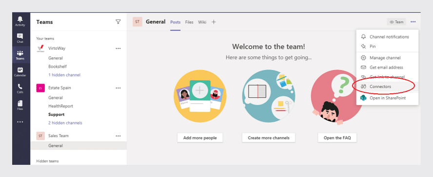 Microsoft Teams interface showing team channels and welcome options with Connectors highlighted in red circle.