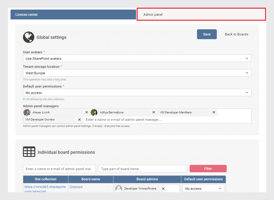 SharePoint admin panel showing global settings and board permissions configuration interface