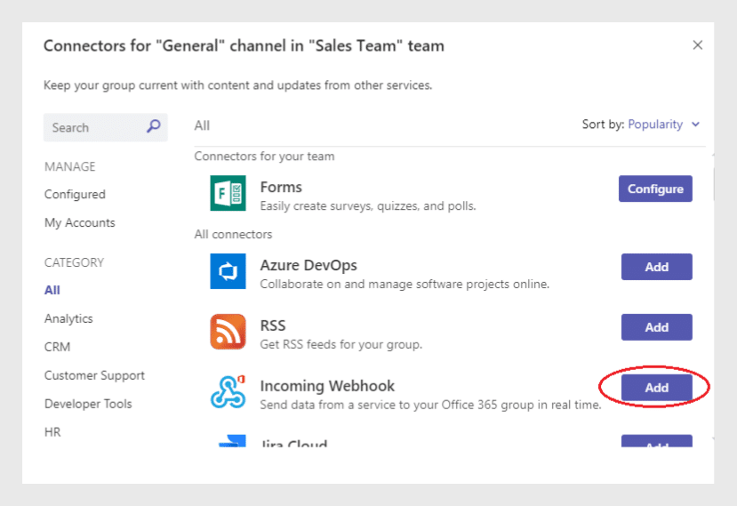 Microsoft Teams connectors dialog showing available integrations for the General channel, with Incoming Webhook highligh