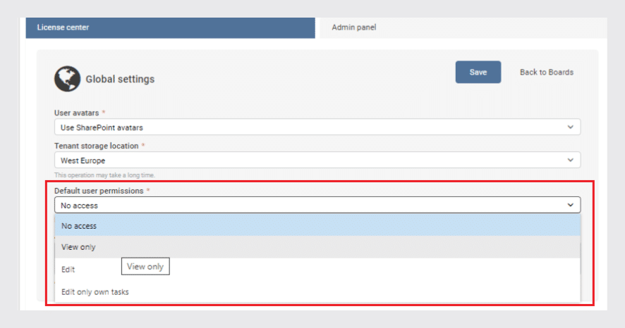 Global settings panel showing default user permissions dropdown menu with options including No access, View only, and Ed