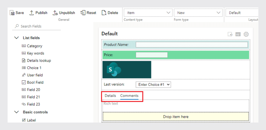 SharePoint form design interface showing product fields like name, price, and details tabs.