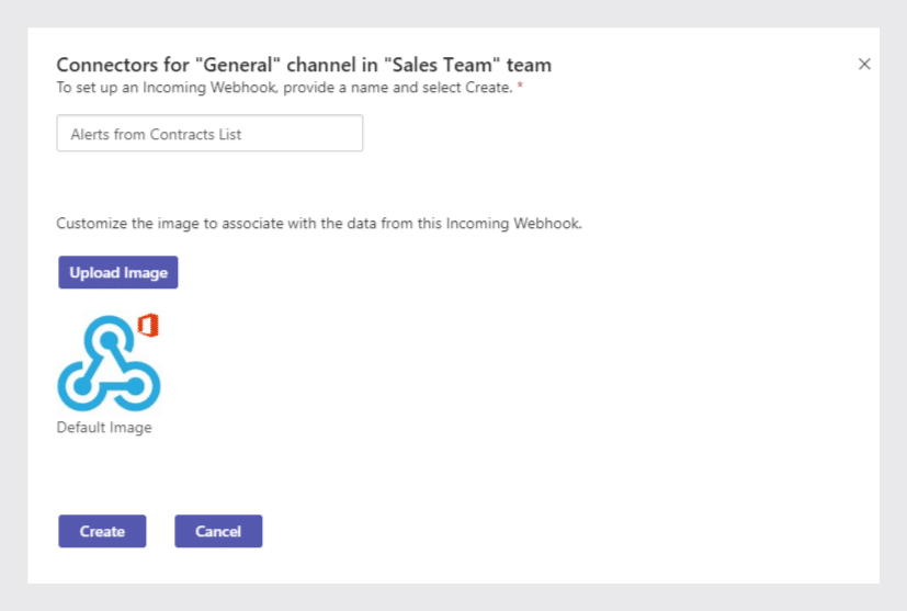 Dialog for configuring connectors for a Teams channel with webhook name and image upload options