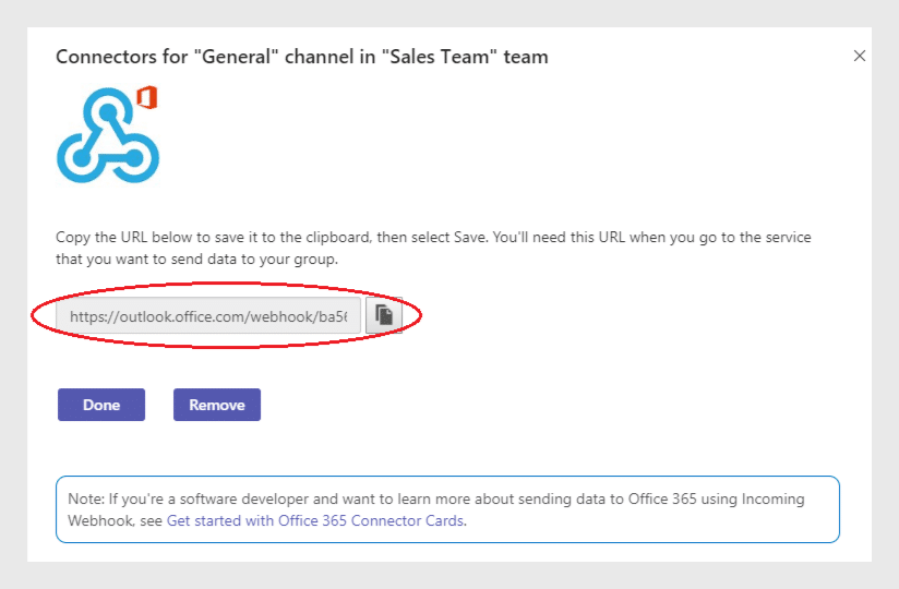 Webhook URL dialog for connecting SharePoint alerts to Microsoft Teams General channel