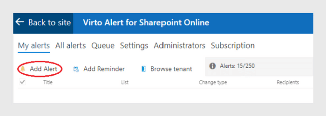 Virto Alert for SharePoint Online interface showing Add Alert button and navigation tabs