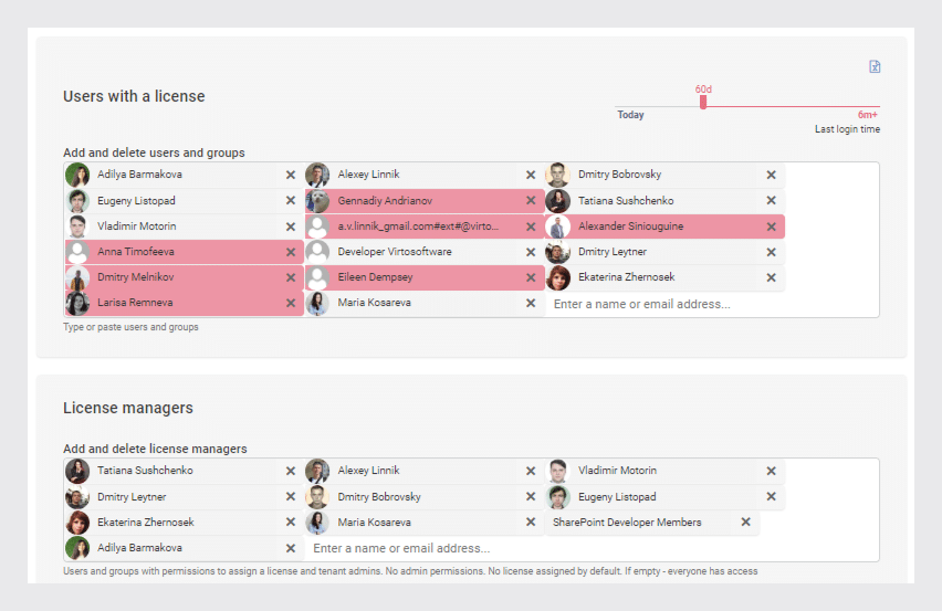 User and license manager management interface with lists of team members and access controls.