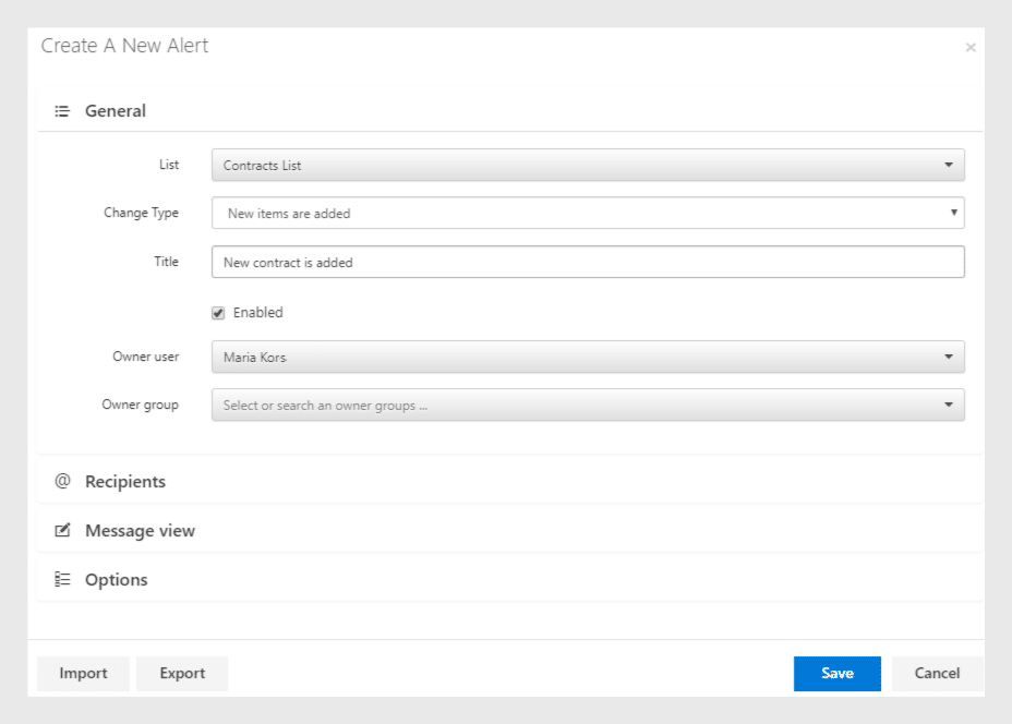 Create A New Alert dialog with general settings for Contracts List notifications