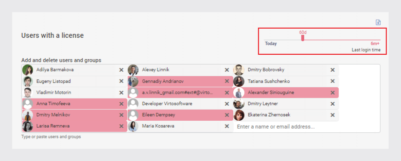 User license management interface showing list of users and groups with add/delete options
