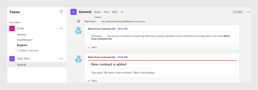 Microsoft Teams interface showing alerts from a Contracts List integration with notifications about webhooks and new con