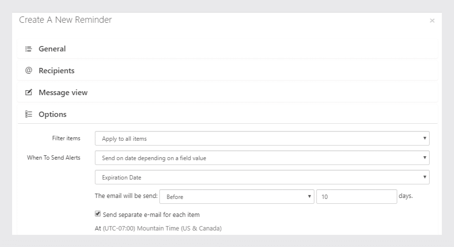 Reminder settings dialog showing email alert configuration options for SharePoint items