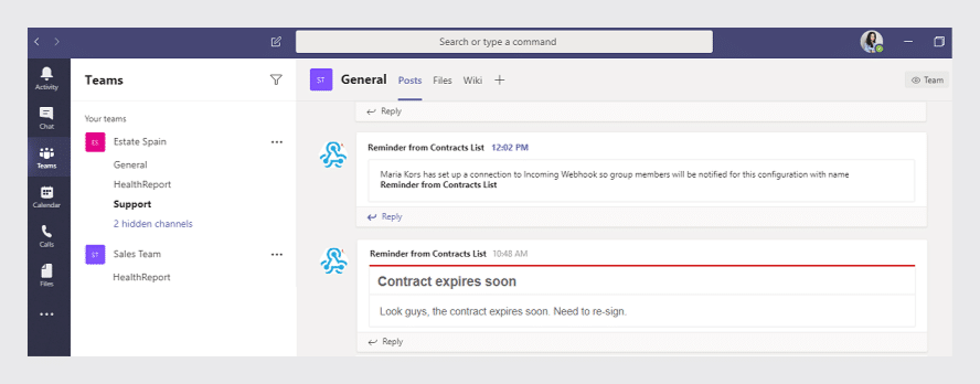 Microsoft Teams interface showing General channel with messages about contract reminders and expiring contracts.