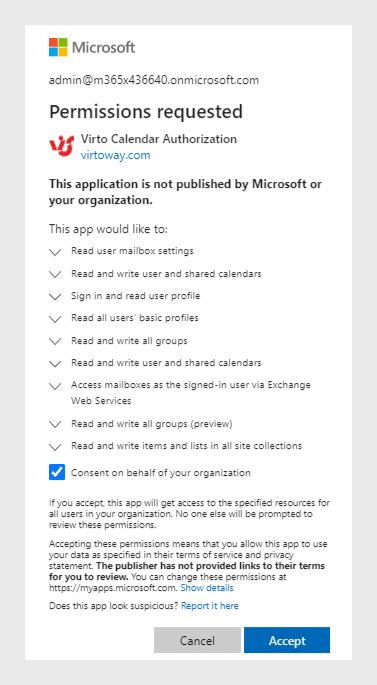 Microsoft permission request dialog for Virto Calendar Authorization app with requested permissions listed.