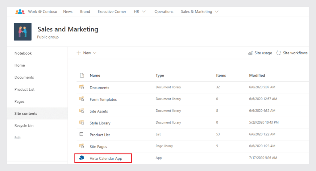 In the “Site contents” of your SharePoint site find “Virto Calendar App”