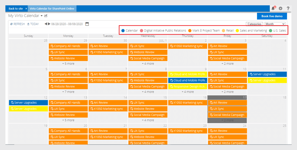 see the selected types of events in the Virto Calendar overlay.