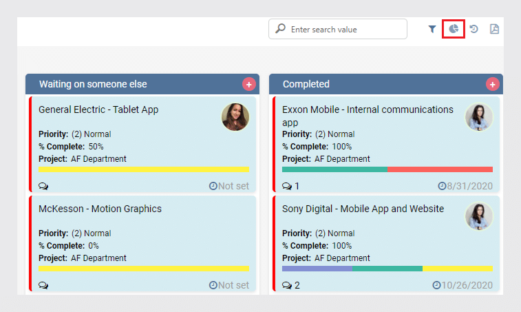 Kanban board showing task management with "Waiting on someone else" and "Completed" columns displayi