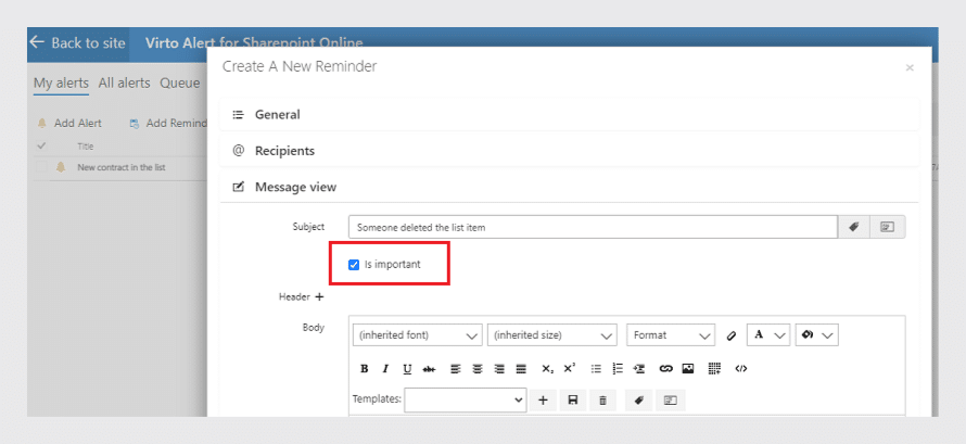Create reminder dialog with "is important" checkbox highlighted in red box
