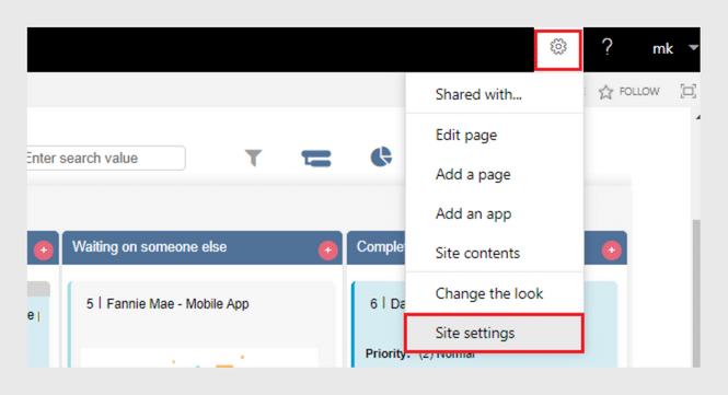 Menu dropdown showing Site settings option highlighted in red box