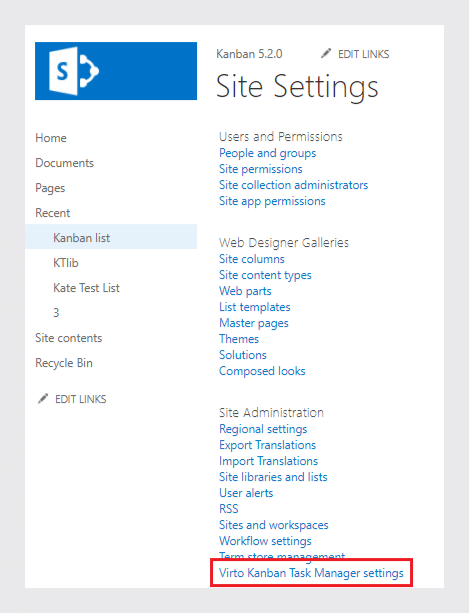 SharePoint Kanban Site Settings page showing Virto Kanban Task Manager settings option highlighted in red box.