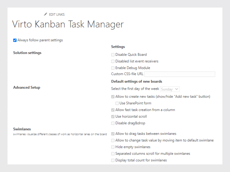 Virto Kanban Task Manager settings configuration panel with checkboxes for various options