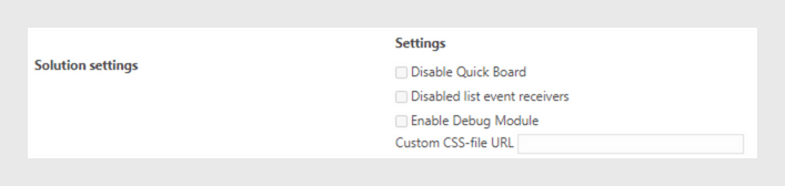 Settings panel with checkboxes for Quick Board, list event receivers, and Debug Module options.