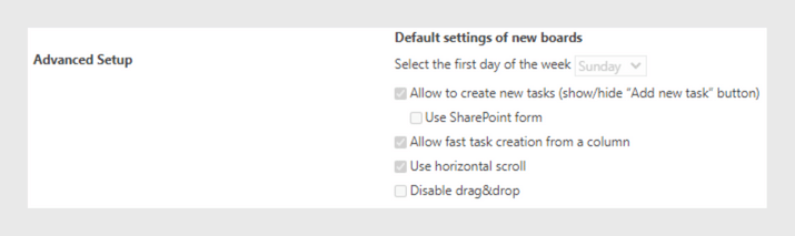 Advanced Setup panel showing default board settings and checkboxes for task creation and display options