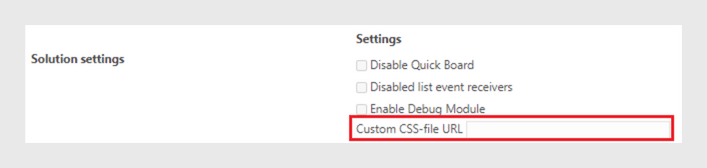 Settings panel showing Custom CSS-file URL option highlighted in red box