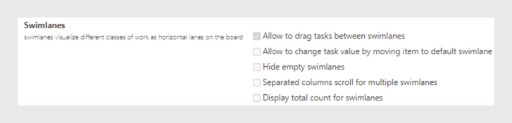 Swimlanes configuration options with checkboxes for customizing Kanban board display settings