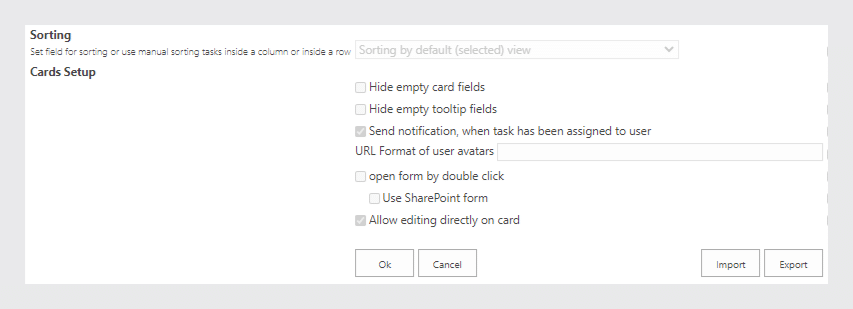 Kanban board settings dialog showing sorting options and cards setup configuration controls