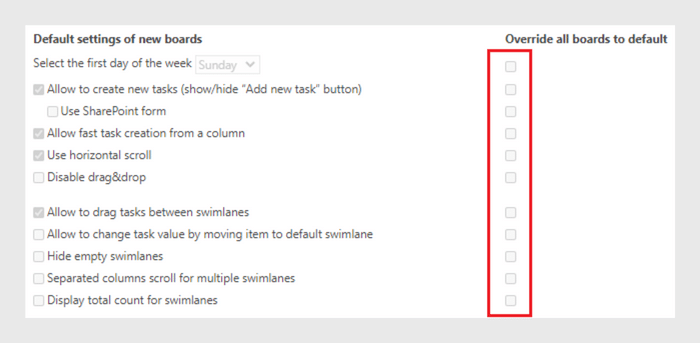 Default board settings panel with override all boards to default checkboxes