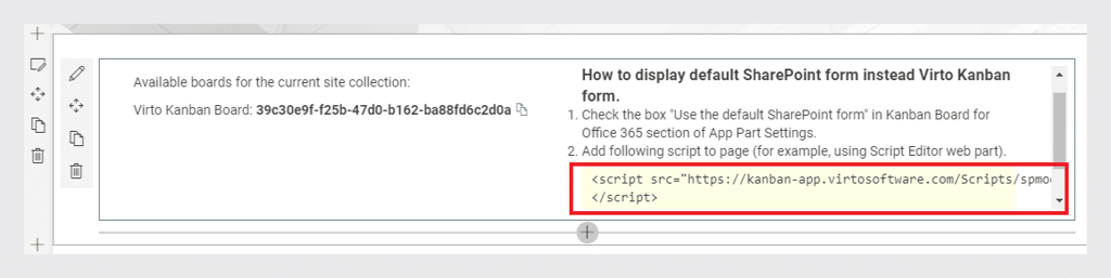 SharePoint Kanban board configuration showing script code for displaying default form instead of Virto Kanban form.