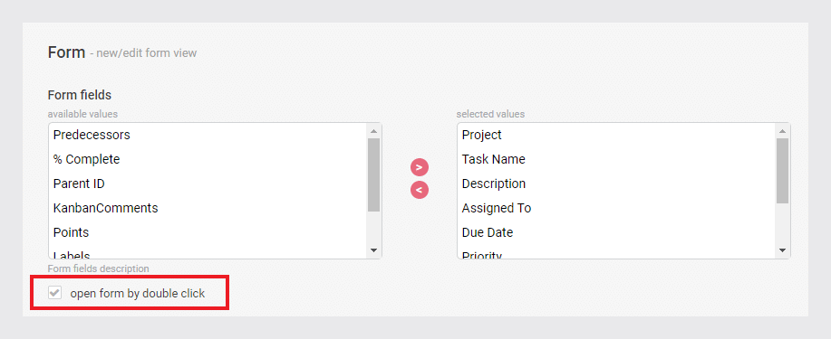 Form field configuration showing available and selected values for a Kanban board task form