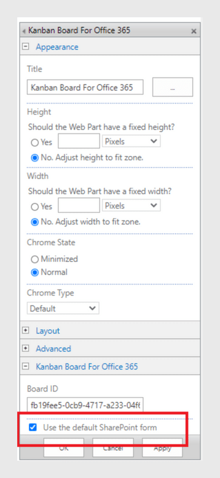 Kanban Board for Office 365 configuration panel with appearance and layout settings