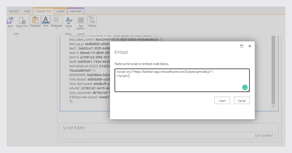 Embed dialog box with script code field for Kanban Board integration in SharePoint