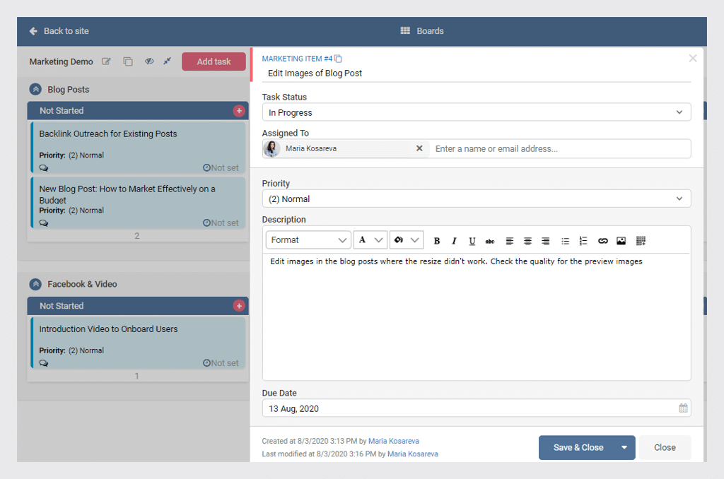 Project management task detail showing blog post editing assignment with status, priority, and due date fields.