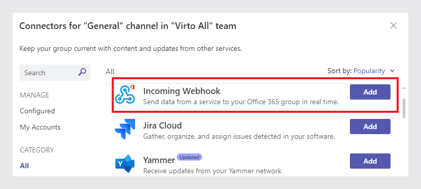 Add an Incoming Webhook in teams