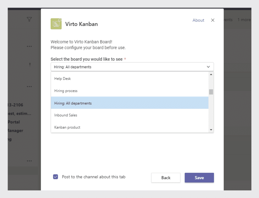 Virto Kanban board selection dialog showing hiring and support board options