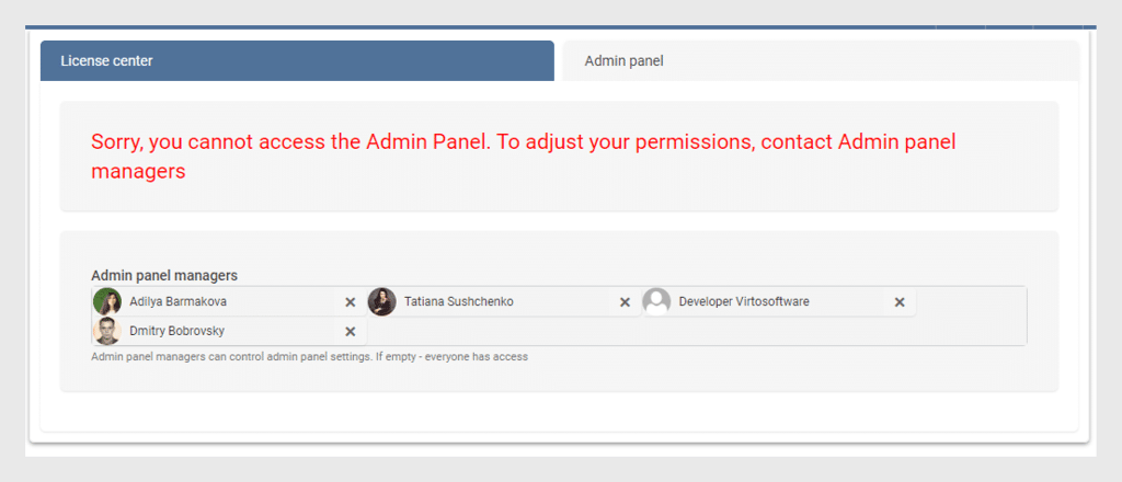 Admin panel access denied message with list of panel managers